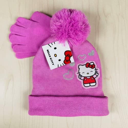 Sanrio Hello Kitty Girls Pink Beanie Hat & Gloves Set Big Girl 7-12 NWT Knit