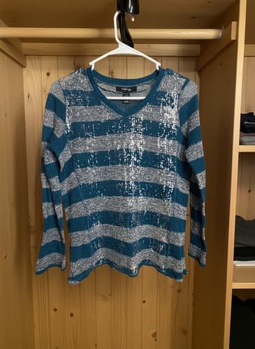 Style & Co Petite PS V-Neck Teal Silver Striped Pullover Sweater Excellent