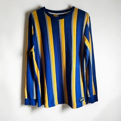 Empyre Mens Long Sleeve Blue/Yellow Striped T-Shirt Size Med. Skate Apparel Y2K