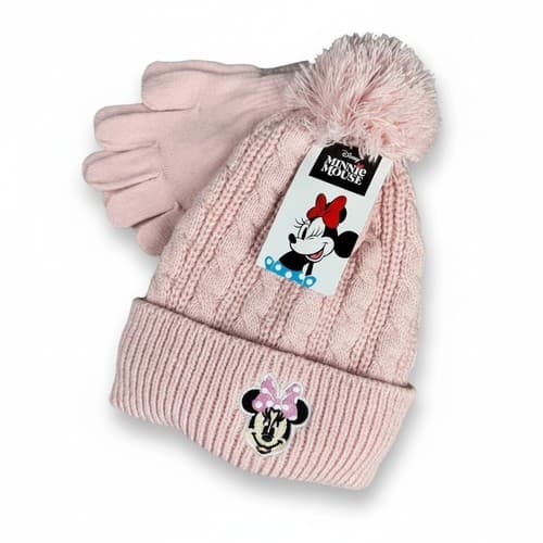 Disney Minnie Mouse Pink Cable Knit Beanie & Glove Set Child Size 5-11 NWT