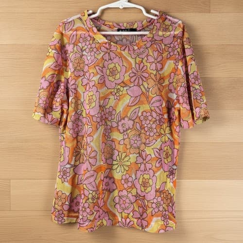 3 Girls Clothing Floral Sheer Mesh Short Sleeve Top Pink Orange Yellow Size M