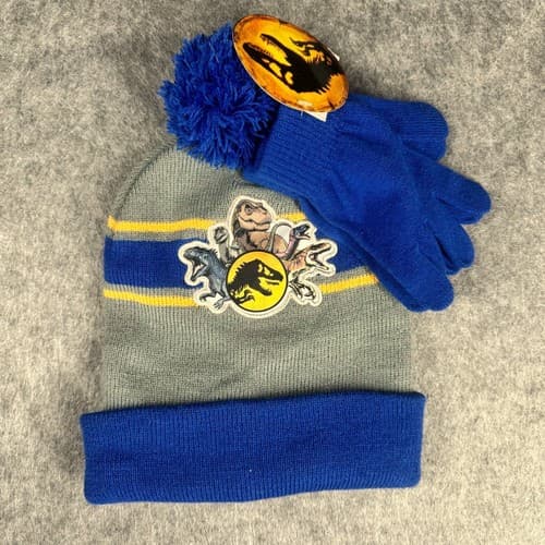 Jurassic World Boys Beanie Hat & Gloves Set Blue Grey Dinosaur Size 8-12 New
