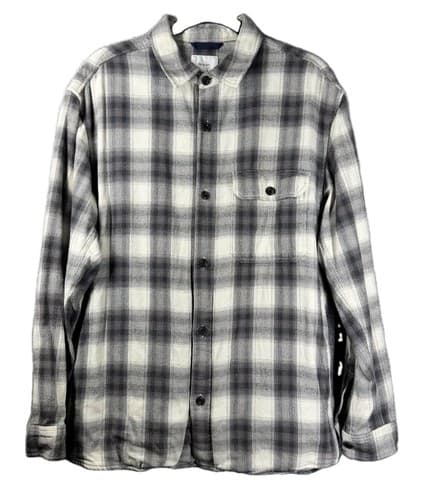 Epigram Men's Plaid Herringbone Flannel Shirt Grey White Cotton Size XL Pockets