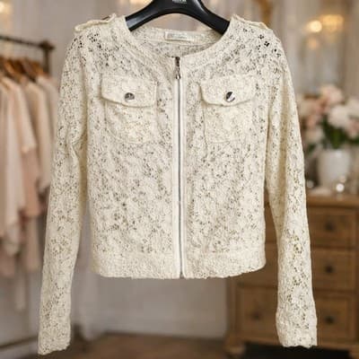Dua Mi Lace Jacket Womens Cream Ivory Zip Front Long Sleeve Floral Lace Blazer S