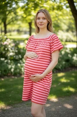 Motherhood Maternity Striped Off The Shoulder Dress Size Small Striped Red/Pink