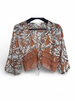 Timing Women’s Boho Tropical Leaf Blouse XS Tie Front Lace Hem Brown White Crop