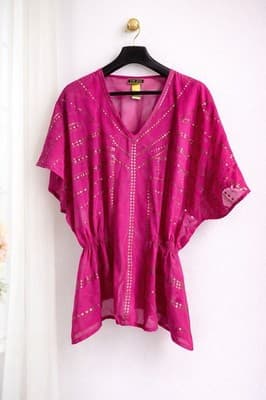 Miss Tina Tina Knowles Pink Blouse Sz M Boho Sheer Top Gold Details Flowy Festiv