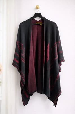 Boho Aztec Poncho Shawl Wrap Black Burgundy Tribal Open Front Festival One Size