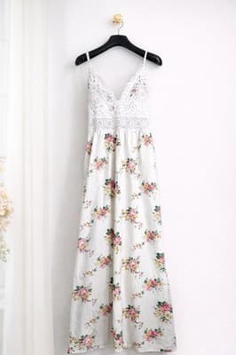 AZ Floral Maxi Dress Lace Bodice Boho Cottagecore White Pink Tie Back Size Lx