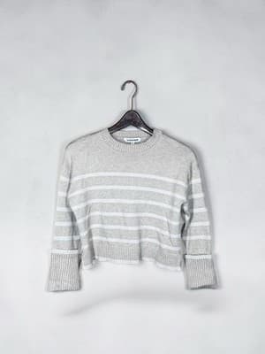 Vigoss Oatmeal/White Striped Sweater Boxy Crop Cotton Blend Sweater Size Medium