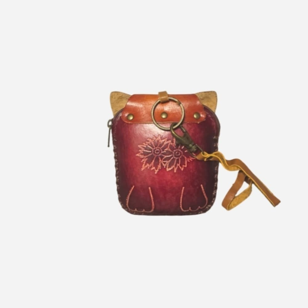 Real Leather Cat With Fish Wristlet Wallet Change Coin Purse Zip Closure Charm
