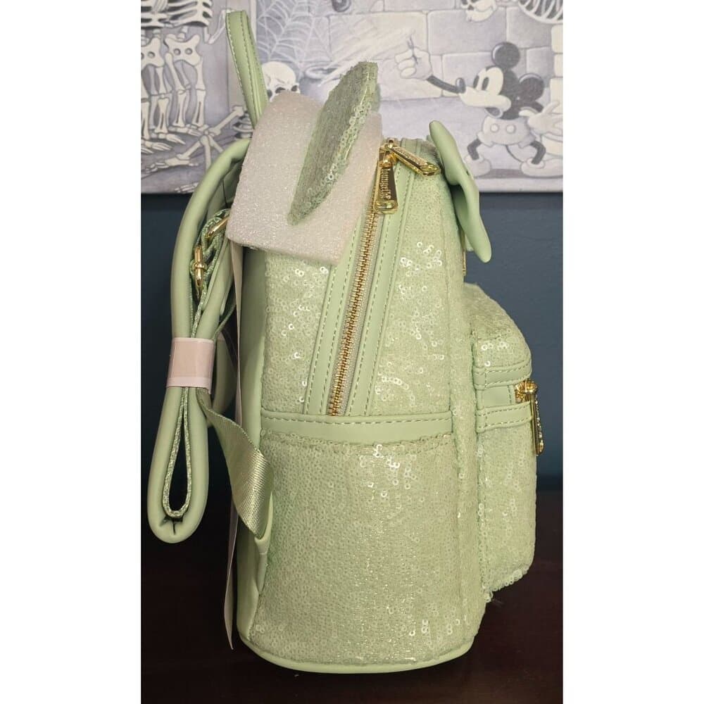 Loungefly Disney Parks Minnie Mouse Sequined Mint Backpack & Ears