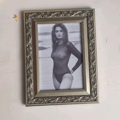 Vintage Cindy Crawford Framed Photo Black & White Sheer Swimsuit Beach Bikini