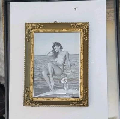 Vintage Bettie Page Nude on Boat Photo by Bunny Yeager in Ornate Gold Frame