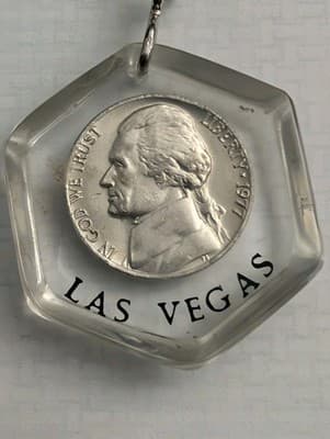 Vintage 1977 Las Vegas Lucite Keychain Real Jefferson Nickel Coin Hexagon Retro
