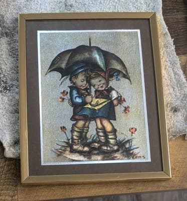 Vintage 1980 Scafa-Tornabene Foil Art Print Evans Rain Kids Hummel Style Framed