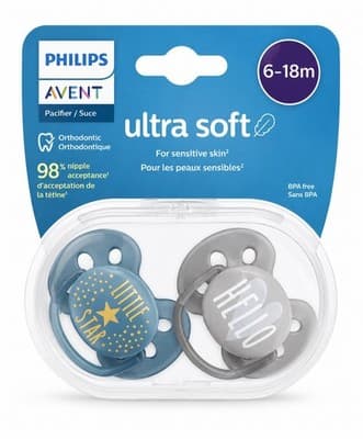 Philips AVENT Ultra Soft Orthodontic Pacifier 6-18m Blue/Gray Moon & Stars