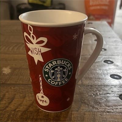 Starbucks Red Ceramic Christmas Coffee Mug Painted Handle Collectible