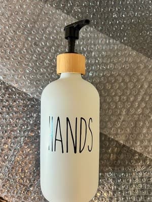 Rae Dunn Glass Soap Dispenser White Bamboo Pump Modern Bathroom 'HANDS' Label