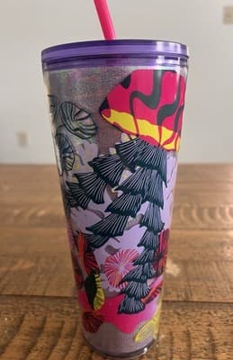 Multicolor Floral Plastic Tapered Tumbler 24 oz w Lid & Straw 3-Piece Set
