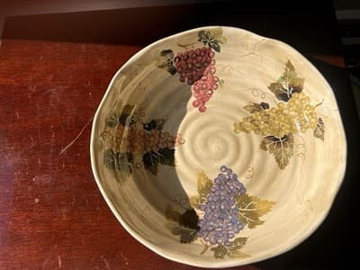 Ceramic Round Serving Bowl, Beige Multicolor Grape Pattern Fruit Theme