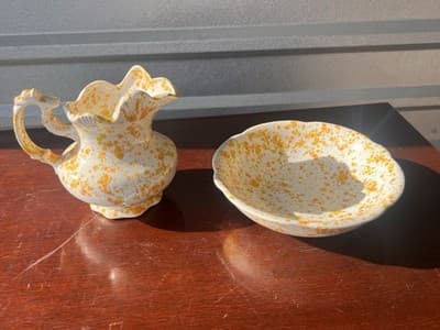 Speckled Ceramic Creamer & Sugar Set, White/Yellow, Glossy, 2pc, Handle