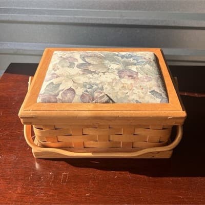 Wood Sewing Box Brown Hinged Lid Floral Fabric Insert Side Handles Compartments