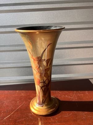 Gold Beige Brown Floral Pattern Glass Vase Tall Decorative Floral Theme