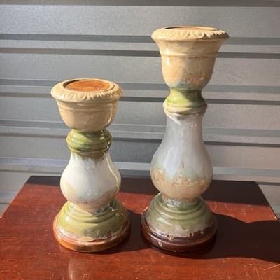 Set of 2 Ceramic Pedestal Taper Candle Holders Floral Painted Beige Green White