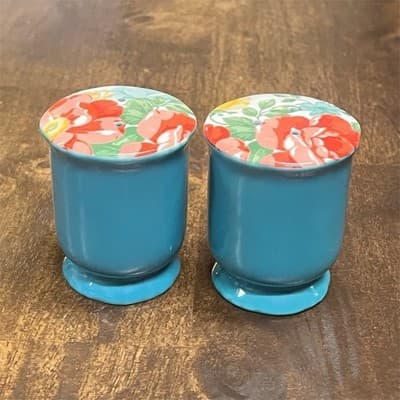 Pioneer Woman Blue Red Green White Floral Ceramic Salt & Pepper Shakers Set