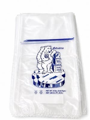 Clear ice bags with Polar Bear Design, 8 lbs, 100 count.