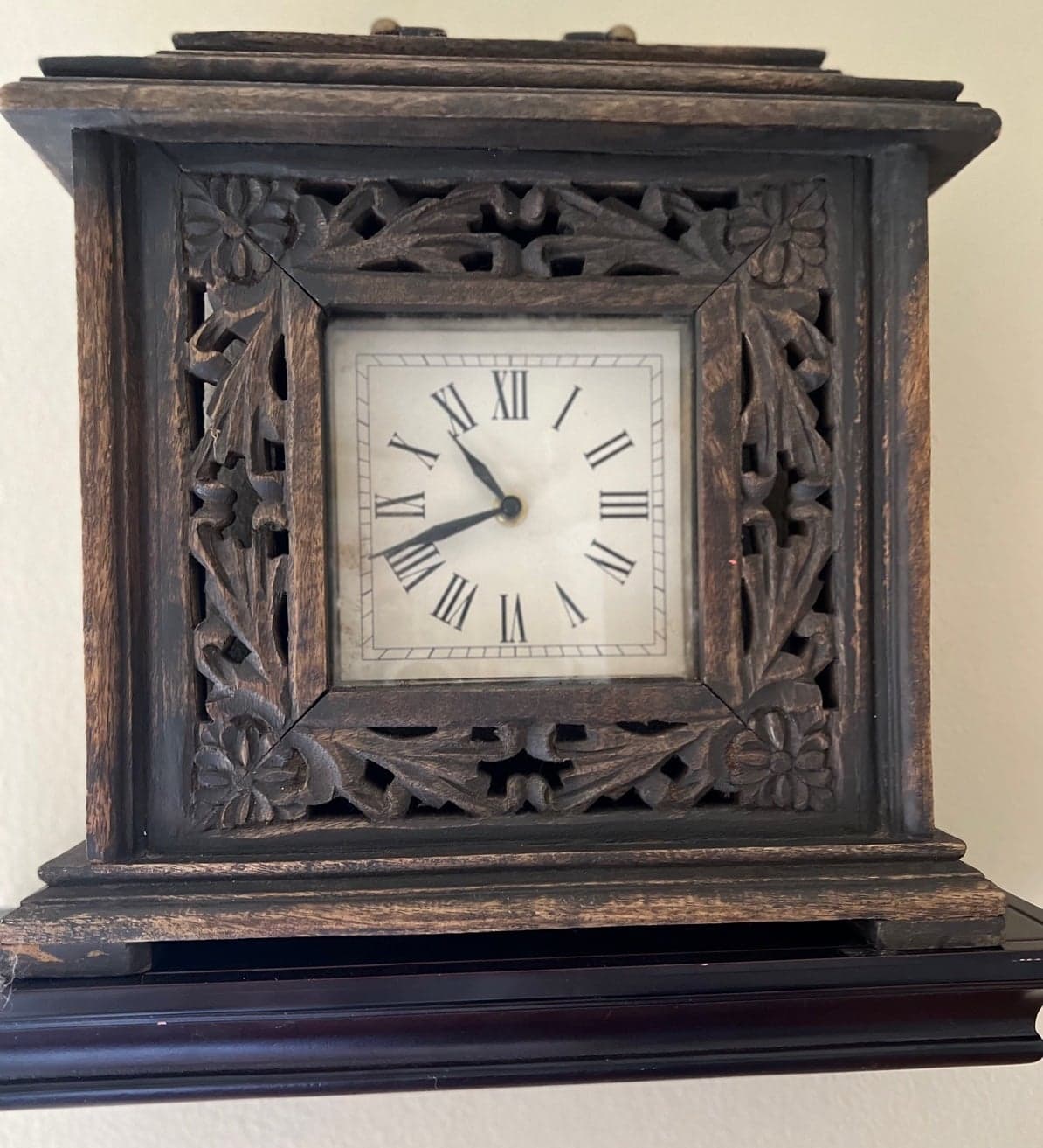 Handcarved wooden mantle clock from India