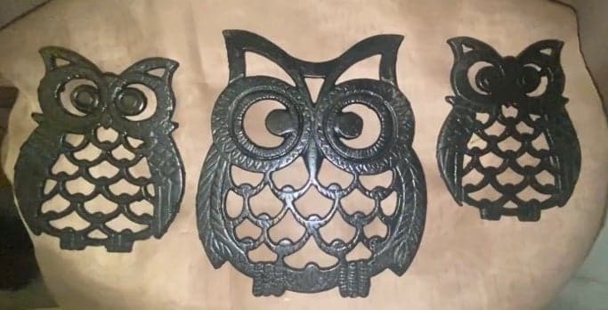 Antique cast iron owl trivet set