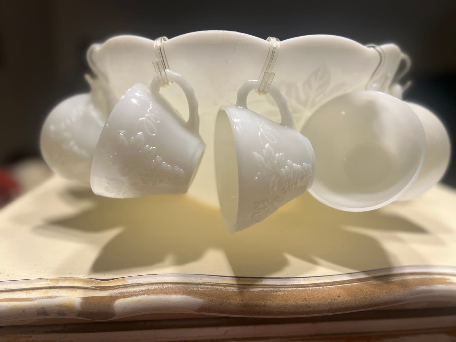 Mid century anchor & hockings milk glass punch bowl & 12 cups