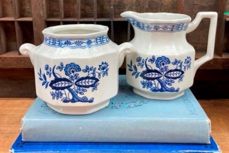 Vintage Blue Transferware Cream Sugar Set Kensington English Ironstone Staffords
