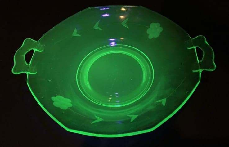 Vaseline Etched Depression Glass Octagon Serving Dish Tray With Handles