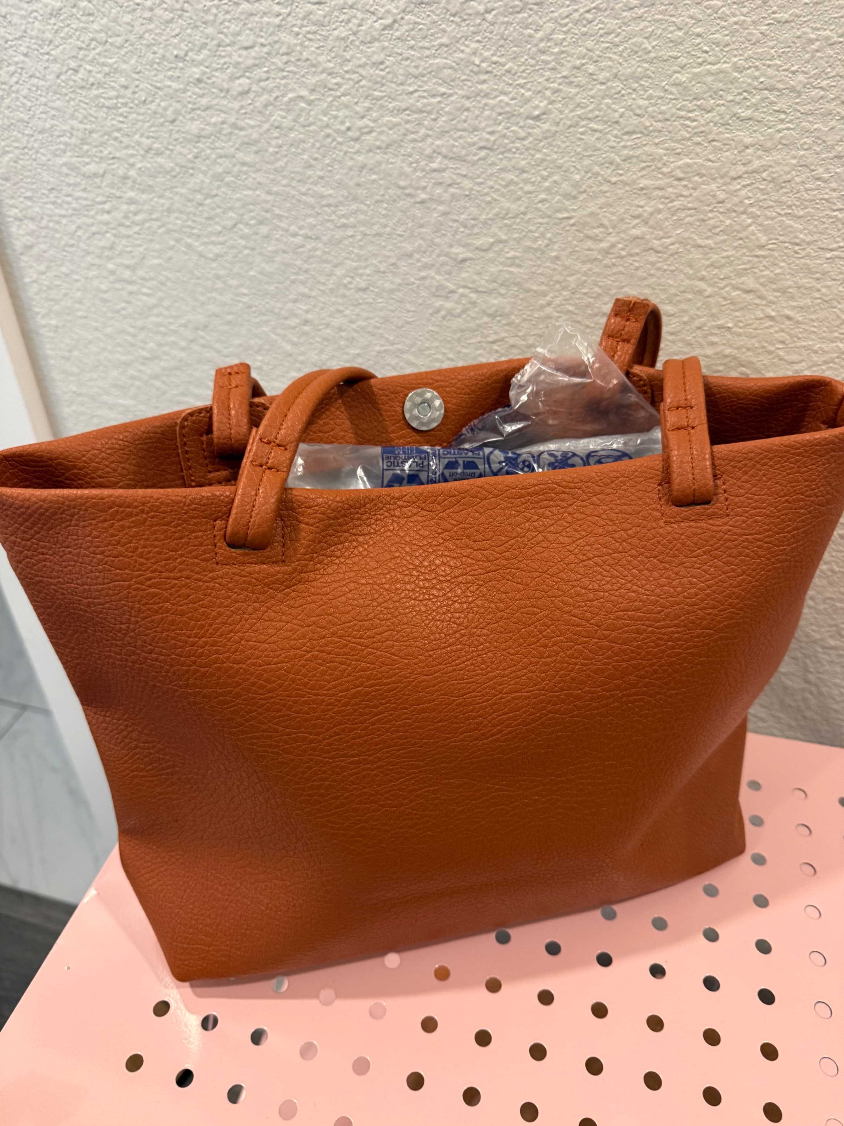 Orange Leather Tote Bag with Snap Closure