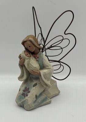 Rustic Kneeling Angel Fairy Cradling Baby Resin Wire Wings Folk Art Mother's Day