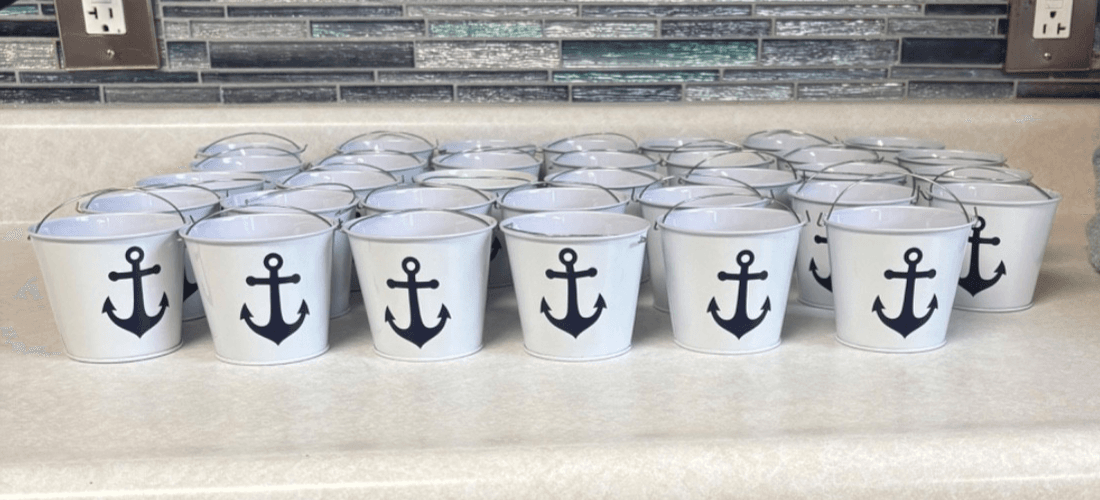 Lot 34 Mini White Metal Pails Buckets w/ Handles/Anchor Vinyl- Wedding favors!