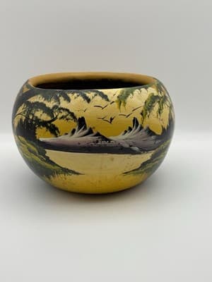 Vintage Hand Painted Gourd Bowl Flowers Mexican Folk Art Scenic Background