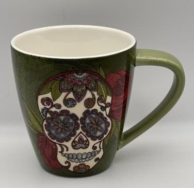 Artisan Sugar Skull Café Coffee Mug Green Multi Day of Dead by Lang 17 oz, Ceram