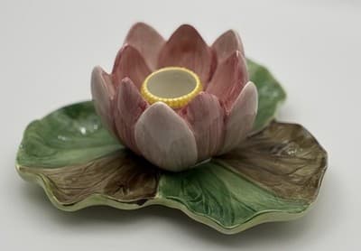 Fitz & Floyd Lotus Flower Candle Holder Pink Green Floral Japan Ceramic