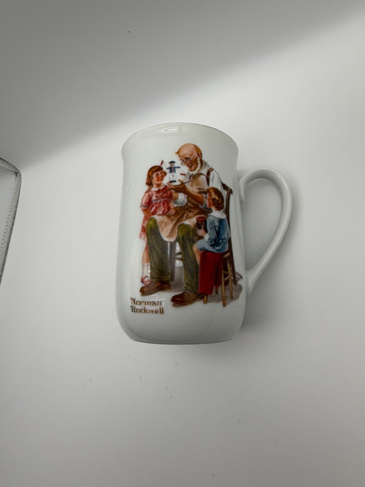 Vintage 1982 Norman Rockwell Museum The Toymaker Coffee Mug Cup Gold Trim Cerami