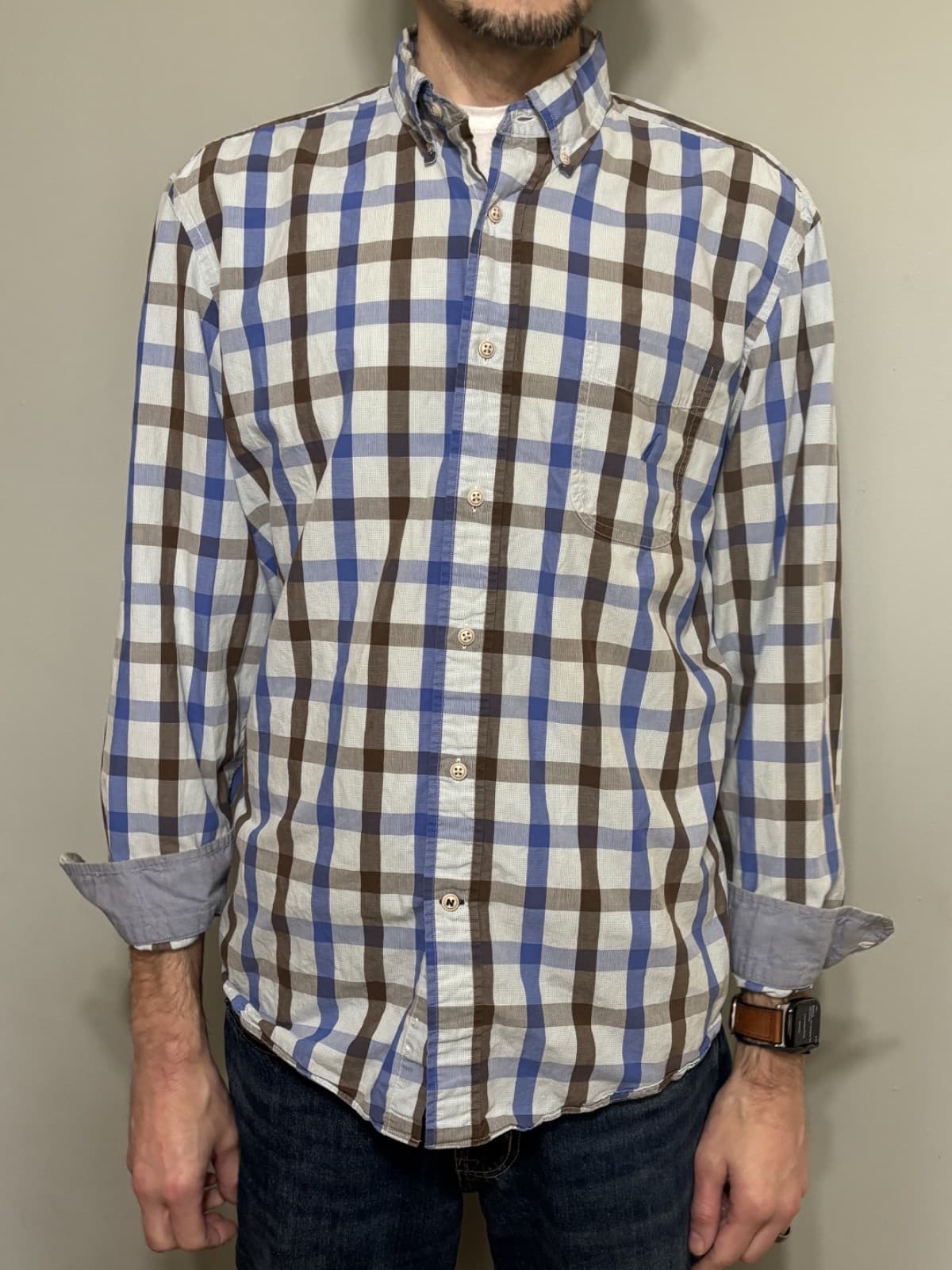 Nautica Button Down Shirt Mens Large Blue Brown Plaid Long Sleeve Cotton