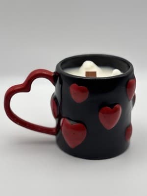 Heart Handle Mug Soy Candle Vanilla Scent Wood Wick Handmade One Of A Kind Ceram