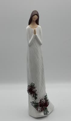 White Praying Angel Figurine w/ Pinecones Rustic Faceless Holiday Decor Video Ga