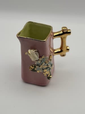 Vintage Miniature Pink Floral Pitcher Ewer Gold Handle Applied Flowers