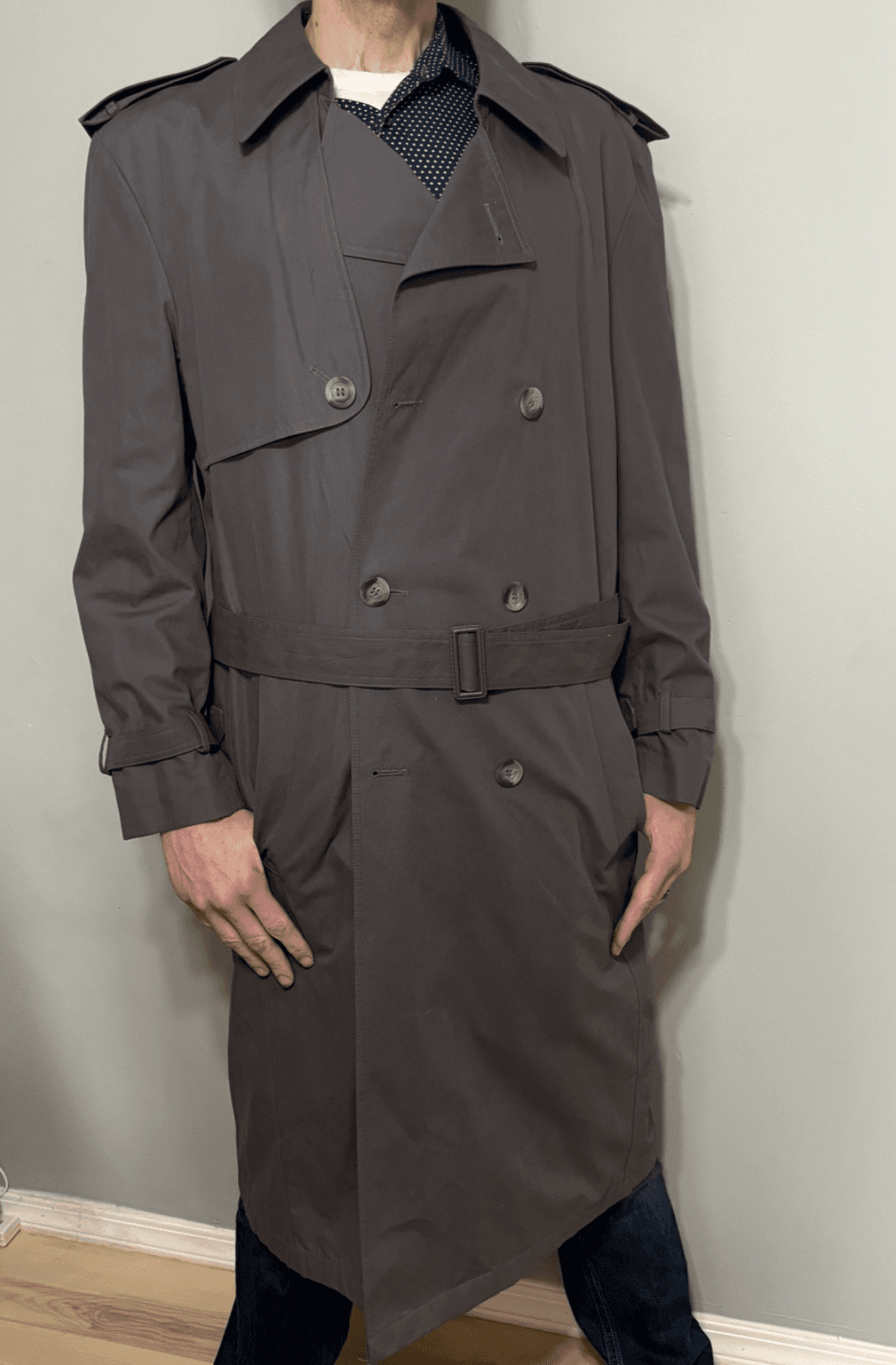 Towncraft Trench Coat Mens 40 Long Gray Belted Lined Double Breasted