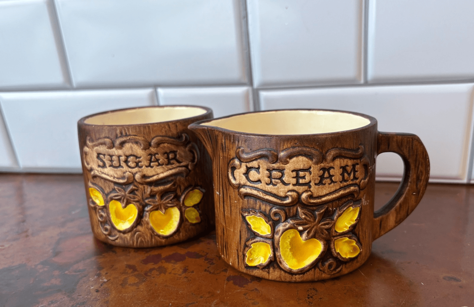 Vintage Treasure Craft Cream Sugar Set Rustic Woodgrain Ceramic Canister NM