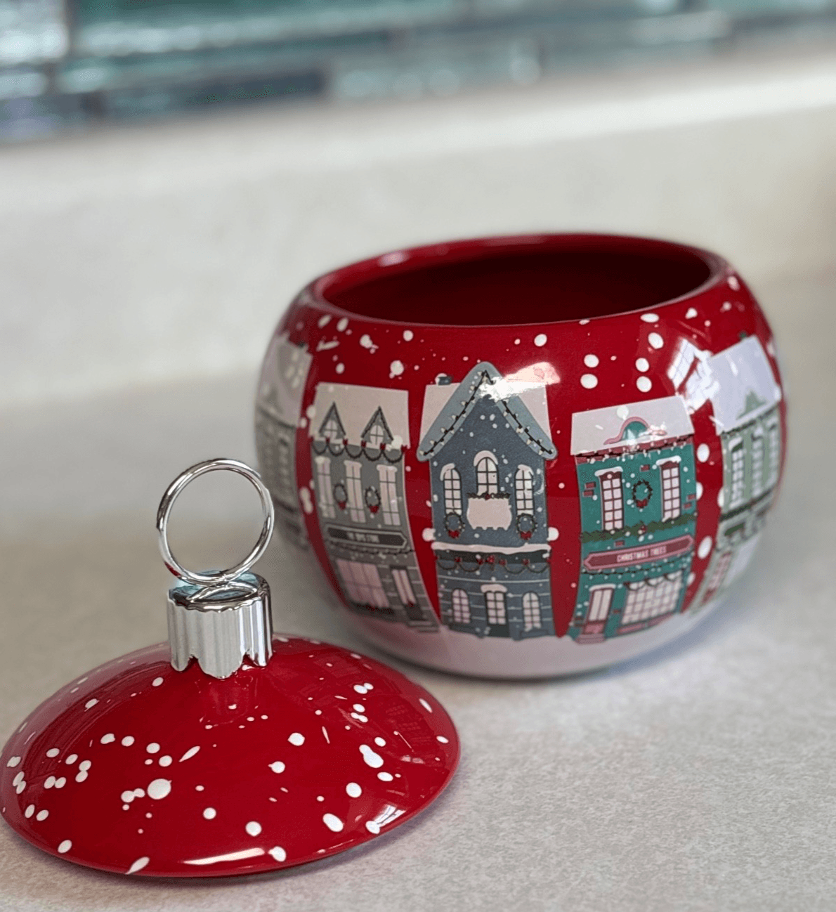 Teleflora Christmas Village Porcelain Ornament Jar Red With Lid